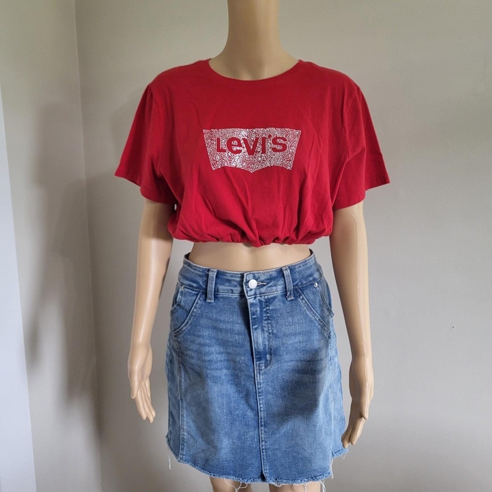 Upcycled Cropped Levi's Beaded Graphic T-Shirt Size 1X OOAK Elastic Waist